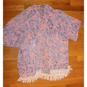 pink & blue lightweight kimono shawl w/ fringe